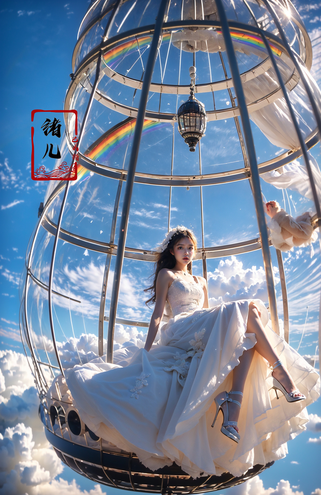 606247209521968571-376696239-A beautiful woman with an angelic face on a hot air Huge birdcage, Huge birdcage drifts above above clouds, awed by the beauty b.jpg